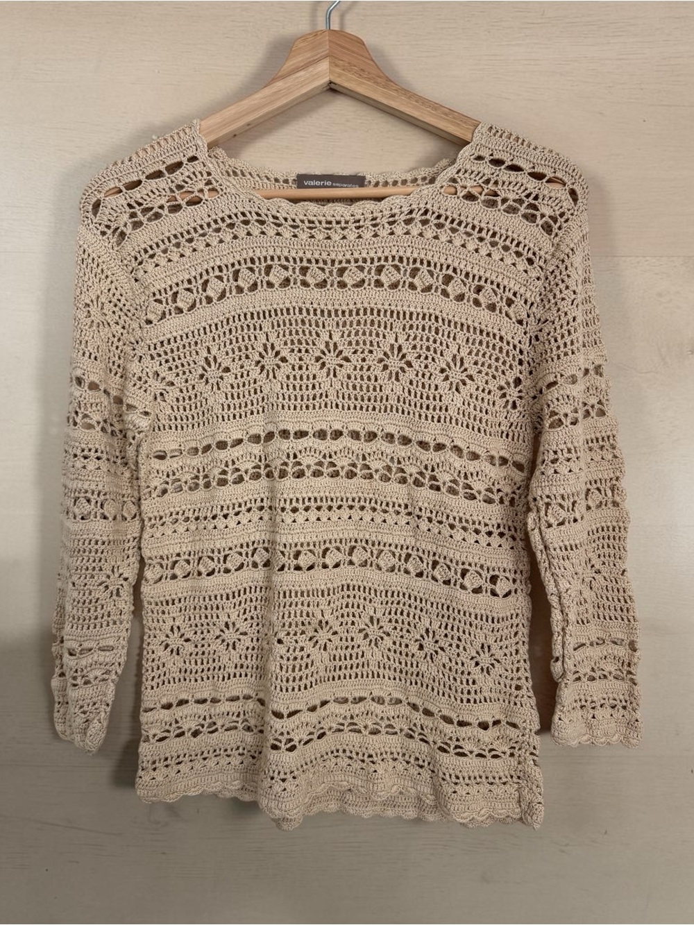 Valerie Stevens Beige Crochet Scoop Neck Top